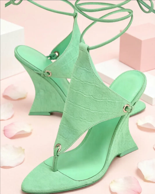 Mint Green Croc-Embossed Suede Wedge Sandals Lace-Up Ankle Ties Thong Style Wedge Heel Perfect for Summer Vacations