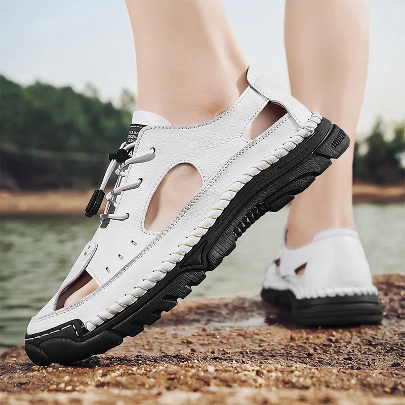 Summer Classic White Soft Bottom Handmade Stitching Beach Men's Shoes Outdoor Men's Comfortable Hollow Breathable Casual Shoes