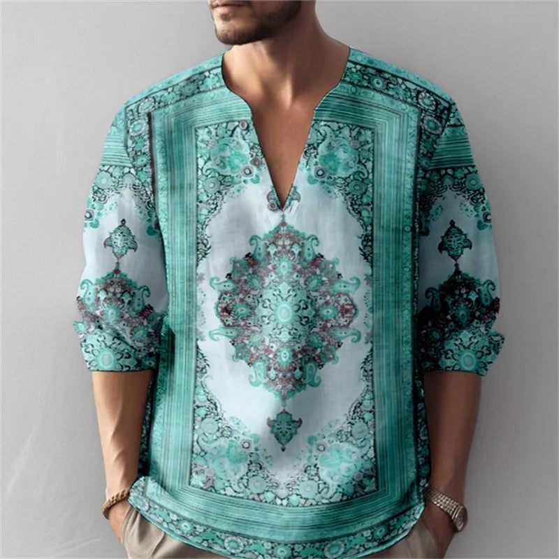 Men's Long-Sleeved Shirt with Retro Print, Stylish Design, Outdoor Casual Henley Collar, Loose Fit, Men's Vacation Top, XS-6XL.