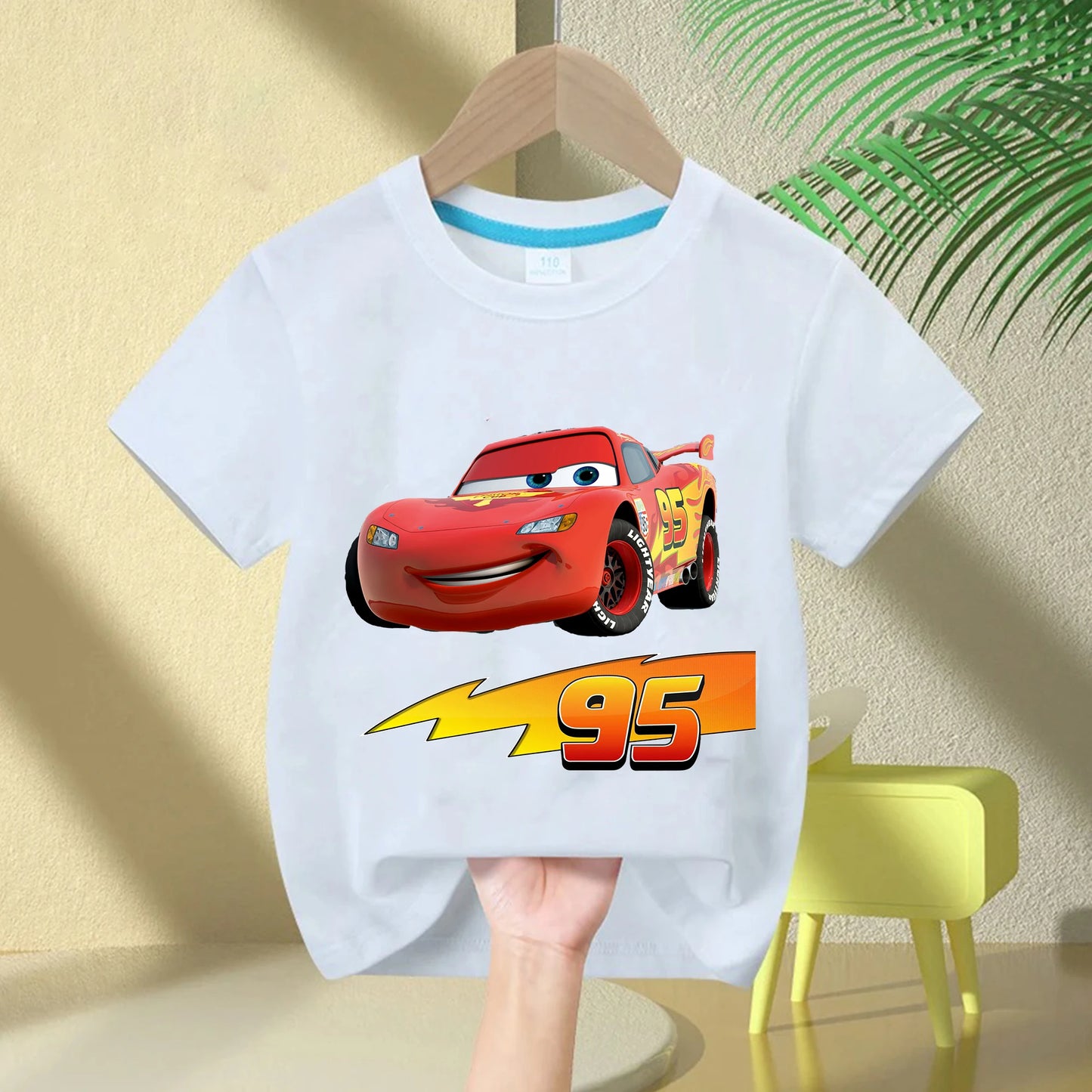 2025 Summer New Disney Cars Lightning McQueen around short-sleeved boys and girls summer 100% cotton all-match T-shirt clothes