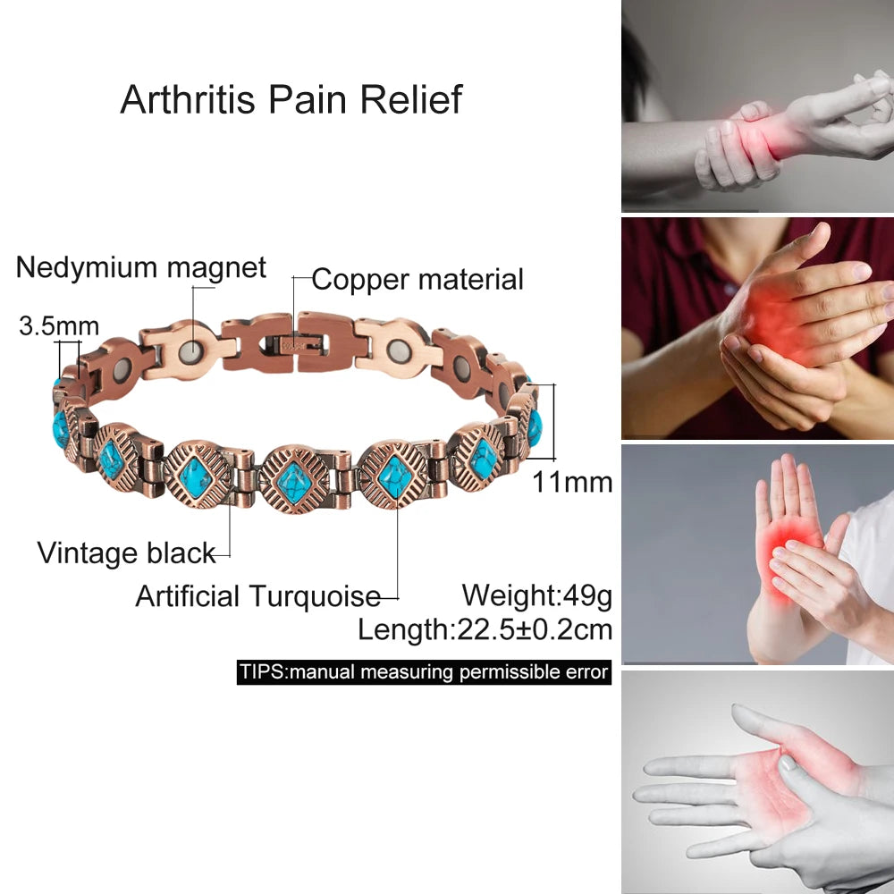 Vinterly Magnetic Bracelets Pure Copper Blue Brown Stone 22.5cm Vintage Health Energy High Magnet Jewelry Benefits Chain Links