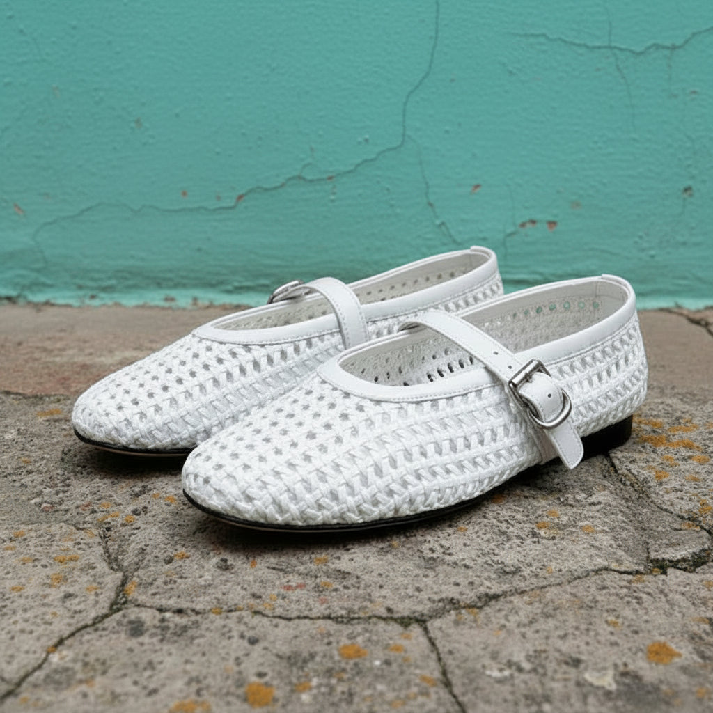 In style Fashion Summer Woven Women Ballet Flats Breathable Hollow out Mary Janes Leather Lazy Walking Loafers Girls Shoes