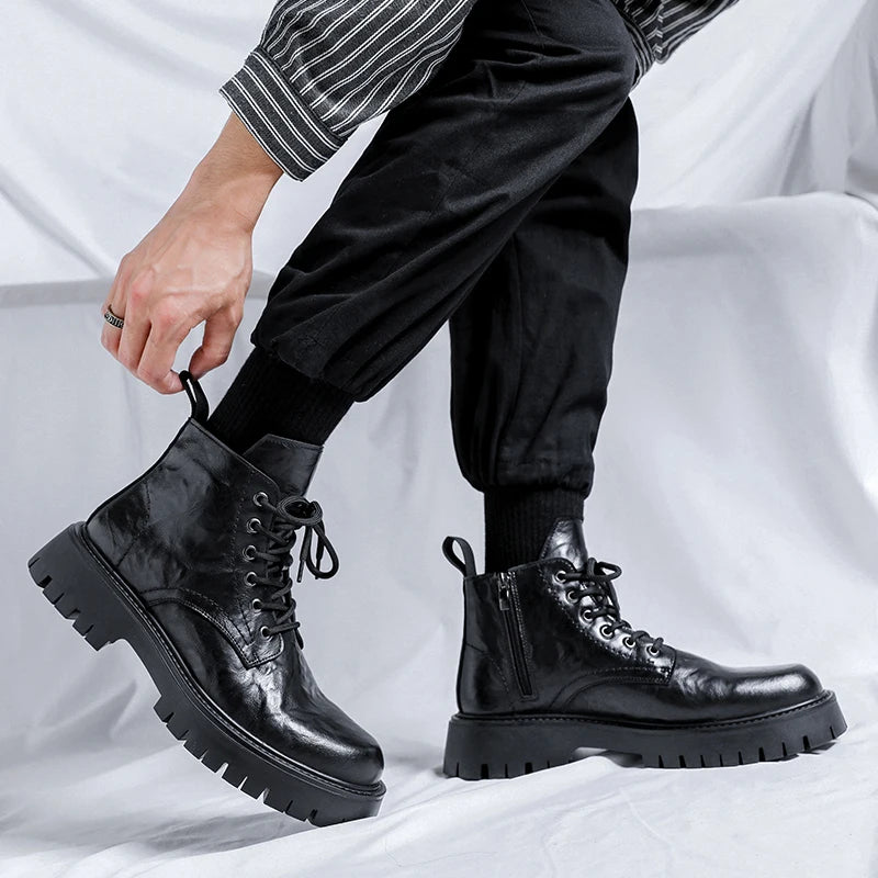 New Fashion Lace Up Casual Mens Boots Mens Thick Sole Ankle Boots Trendy Comfortable Mens Classic Black/Brown Motorcycle Boots