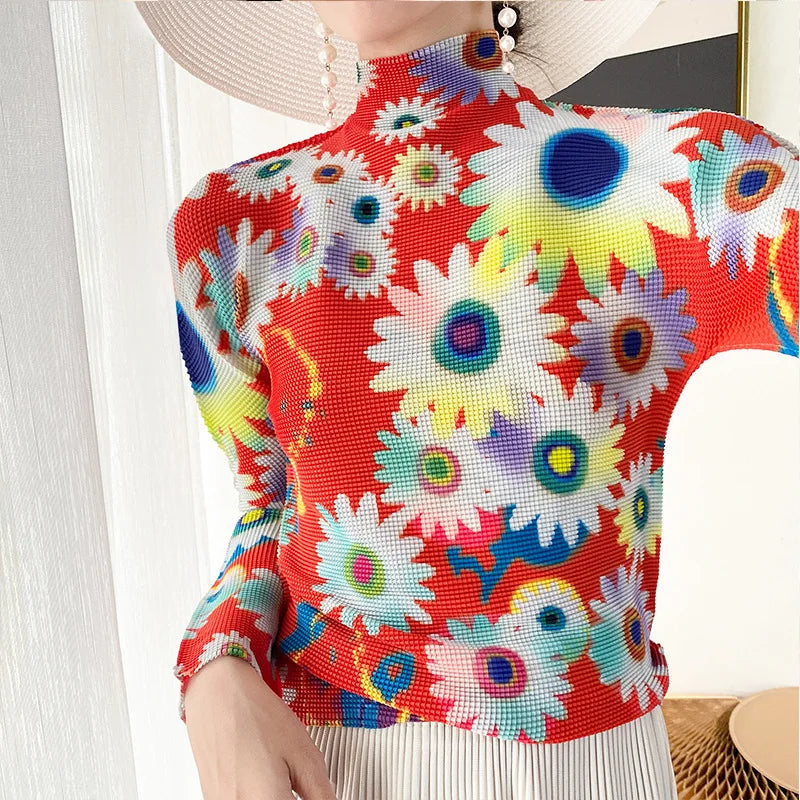 Miyake Pleated Contrasting Colors T-shirt Women Half Turtleneck Skinny Pullover 2025 Summer Fashion Female Clothing