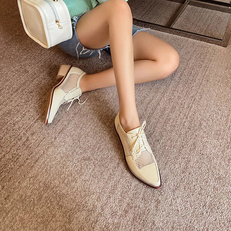 Spring Summer Genuine Leather Mesh Pumps Women Pointed Toe Lace Up Med Thick Heels Breathable Office Ladies Shoes 2025