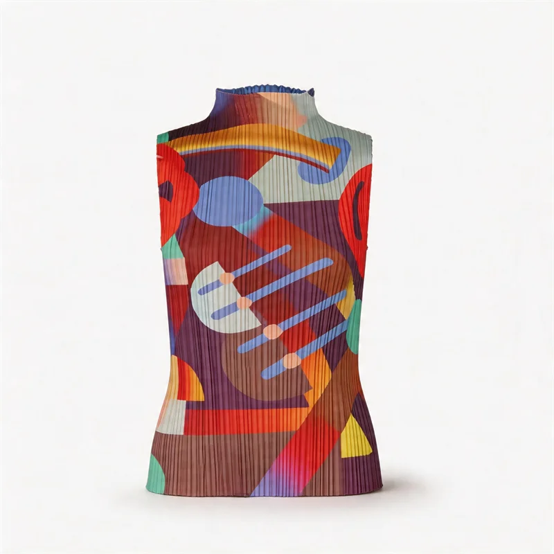 Miyake Pleated Geometric Playground Printed High-neck Sleeveless Top