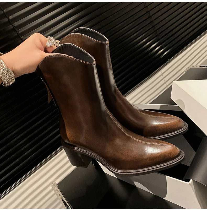 Ods New Women Genuine Leather Pointed Toe Knee High Boots Black White Brown Side Zipper Female Shoes Thick Heel Plus Size 42