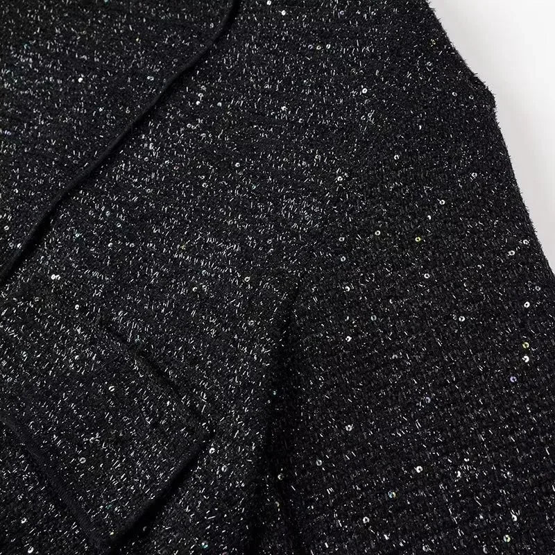 Women's Sequined Bomber Jacket Fall New Round Neck Long Sleeve Pocket Stretch Hem Sequins Jacket Coat Female Chic Outerwear