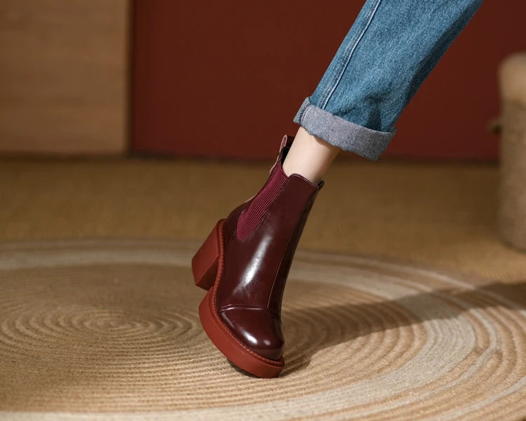 Winter Genuine Leather Chelsea Boots Women Shoes Retro Round Toe Women Platform Thick Heels Short Booties Autumn