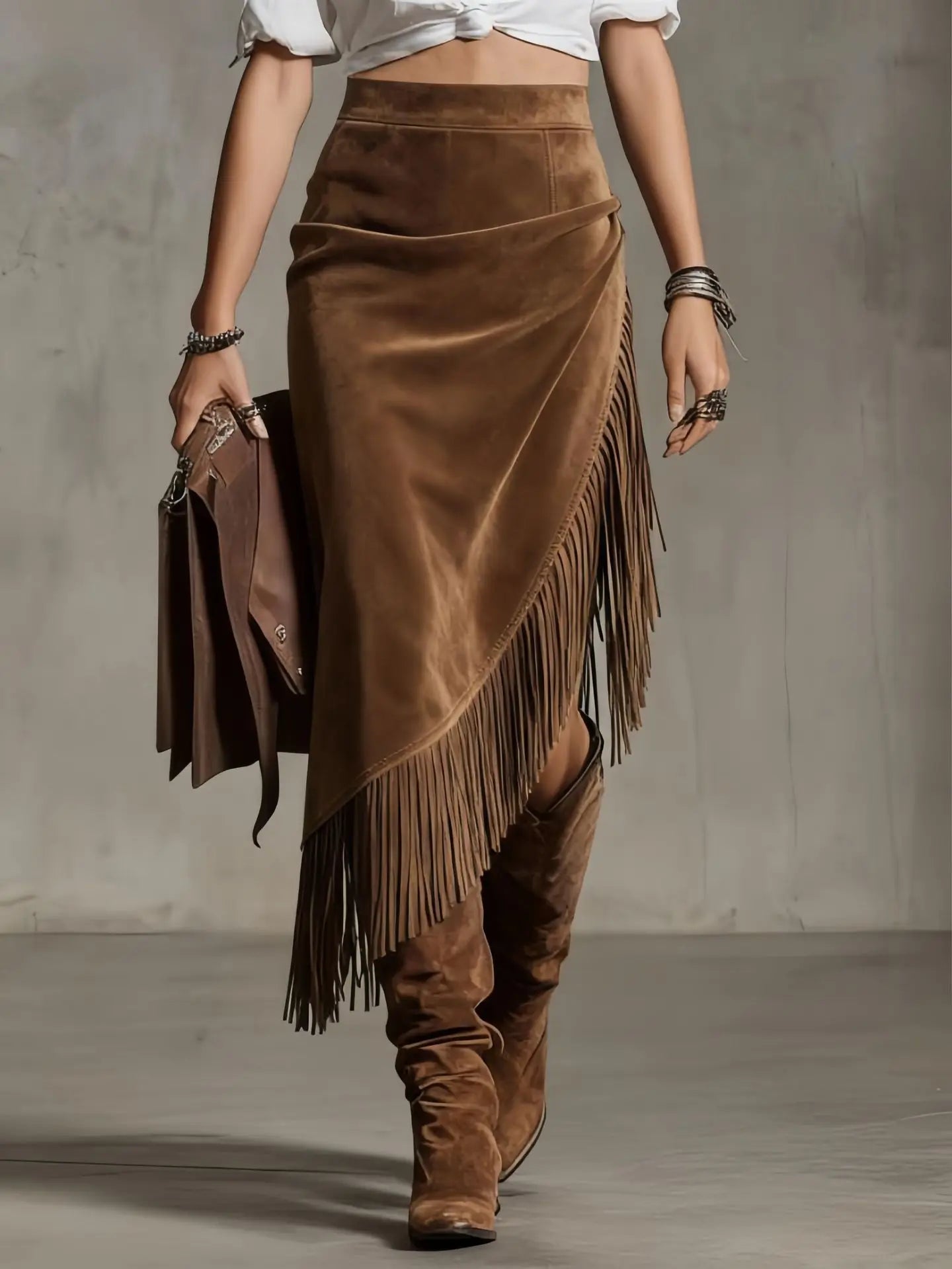 Vintage Tassel Suede Skirt Women High Waist A-Line Irregular Midi Chic Skirts Elegant Fashion Streetwear Patchwork Casual Skirt