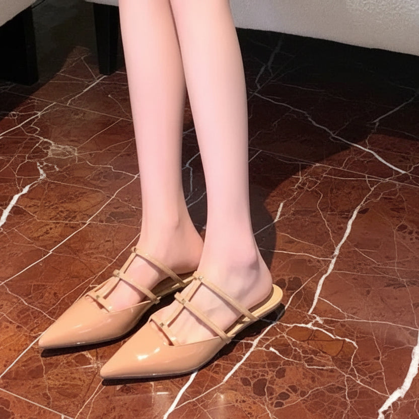 Genuine Leather Rivet Slippers Spring Summer 2026 Women Covered Toe Low Kitten Heels Mules Ladies Narrow Band Casual Slippers