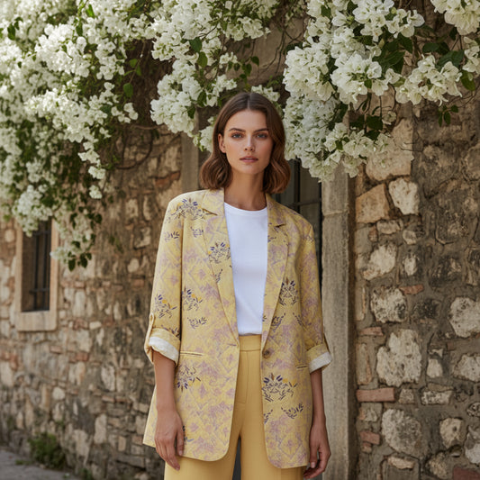 New Women's Spring and Summer Ramie Printed Cropped Sleeves Loose Suit Jacket Women's Casual Literary Thin Coat Women's Coat