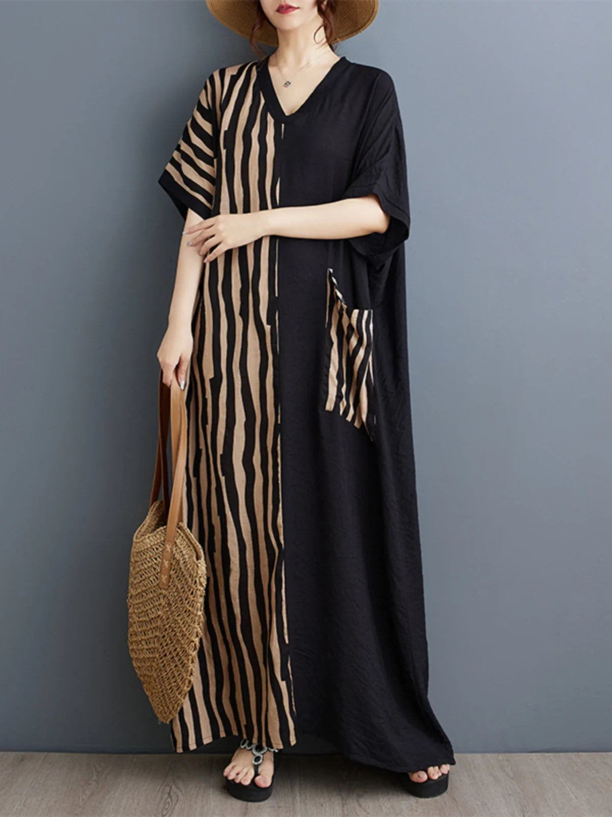 Long V-Ne ort Sve Printed Slimming Cotton Linen Dr Color Blo Casual Loose Fit Summer Faion plus Size Women