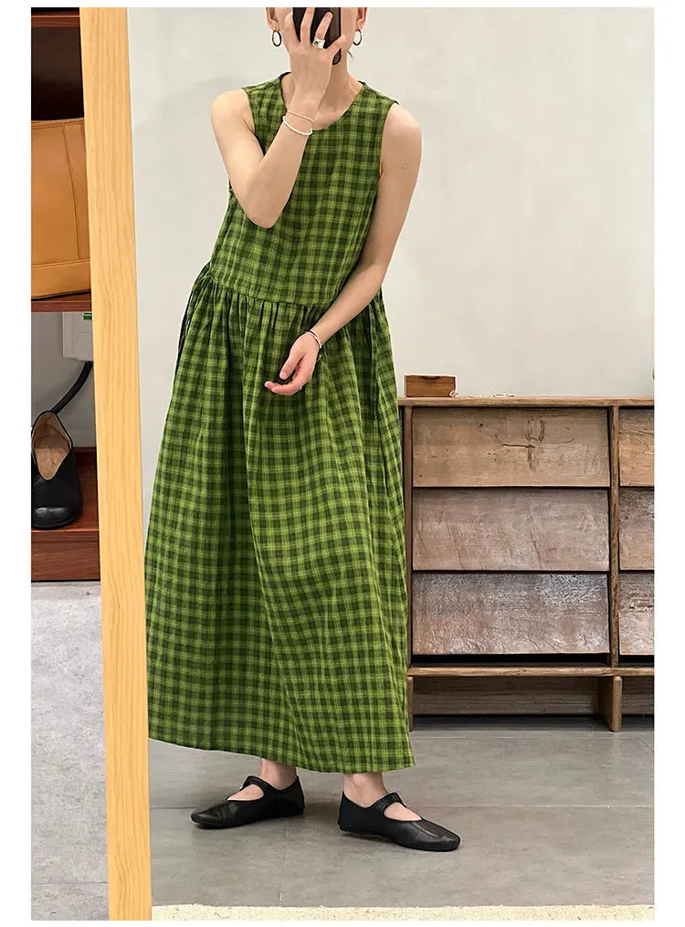 Slimming Plaid Cotton Lin Svel Long Dr Women's plus Size Dstring Waist round Ne Vest Skirt Commute Sle Summer...