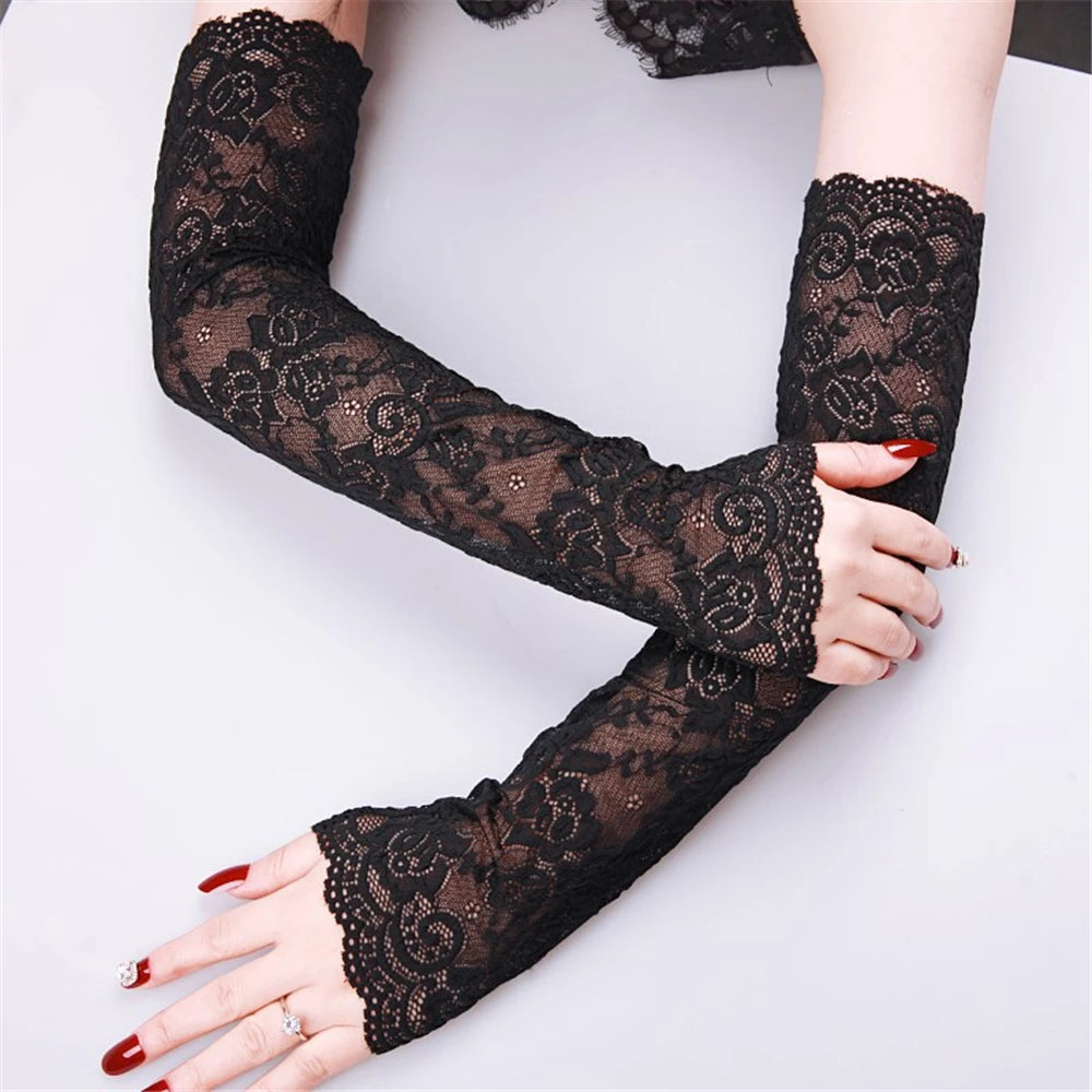 1 Pair Classic Summer Sunscreen Lace Arm Sleeve Mittens Ice Arm Cuffs Fingerless Driving Gloves Arm Cover