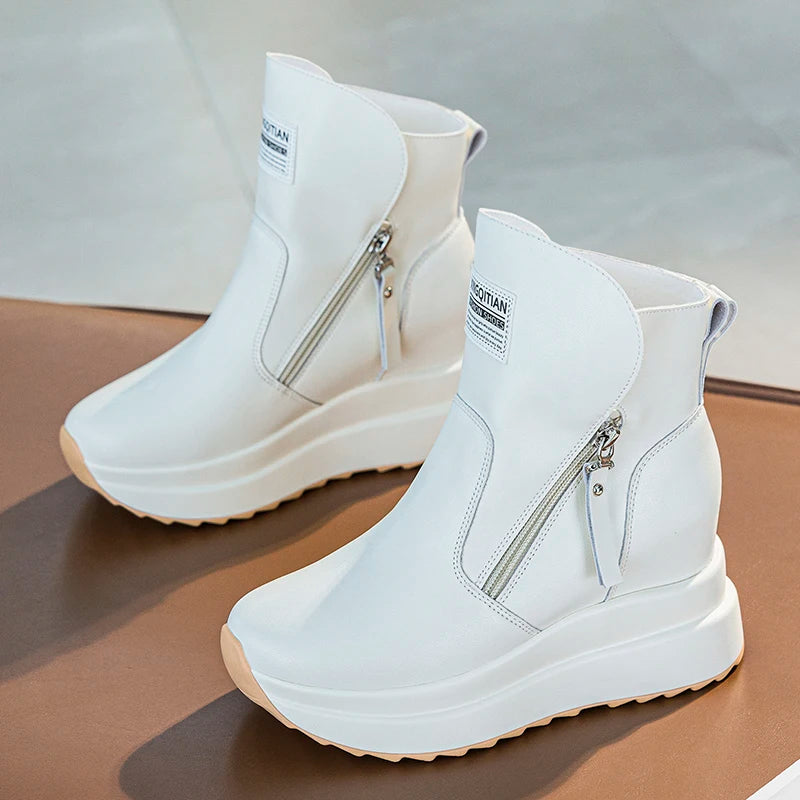 9cm White Black Women Ankle Boots Platform Wedge Heel Booties Shoes Microfiber Leather Spring Winter Fashion Sneakers High Top