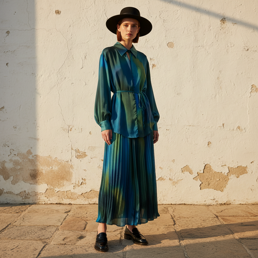 Spring Women's Retro Geometric Printed Collar Hoodie Loose Long Shirt Two Piece Set+Wide Leg Pants Fashion Set