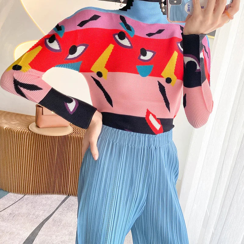 Miyake Pleated Contrasting Colors T-shirt Women Half Turtleneck Skinny Pullover 2025 Summer Fashion Female Clothing