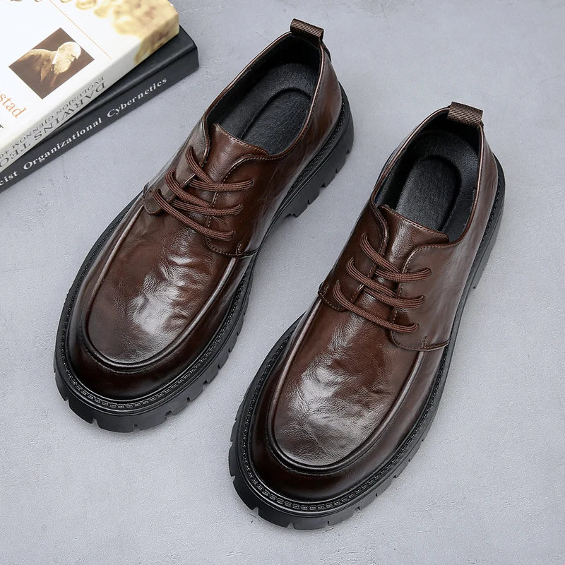 Men's Fashion Genuine Leather British Style Thick Bottom Work Shoes Classic Lace Up Comfortable Anti Slip Big Head Leather Shoes
