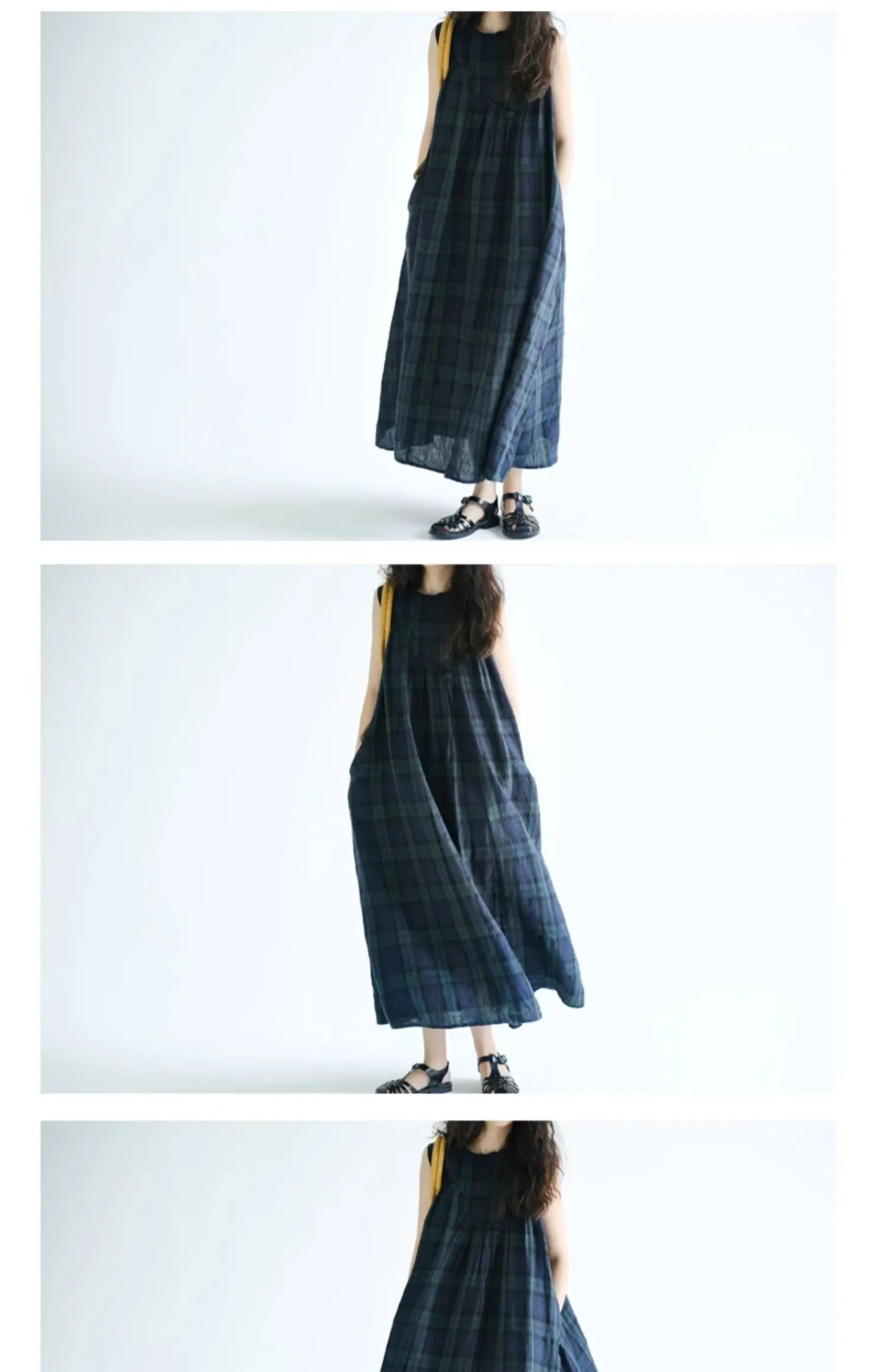 Summer 2026 Large Size Cotton Linen Plaid Vest Skirt Long Svel Dr Chest Splicing Wooden  Ear A-Line Dr