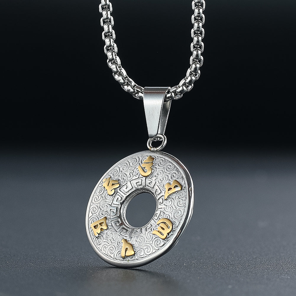 Buddhism Sanskrit Oṃ Six Syllable Mantra Lotus Flower Titanium Steel Pendant Necklace Mascot Amulet Charms Dangle Choker Jewelry