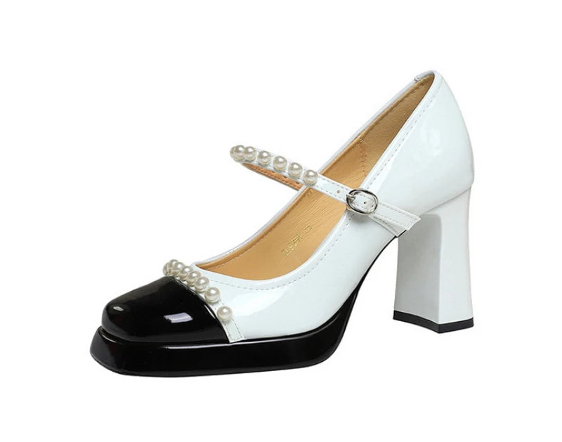 Retro Style Color Block Square Toe Thick Heel High Heels Women's Waterproof Platform Pearl Mary Jane Shoes Casual Fashion