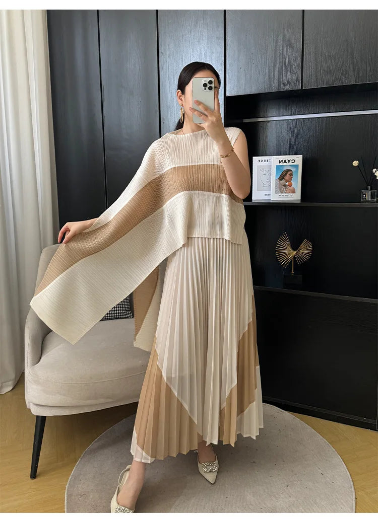 Miyake Pleated Two Piece Skirt Sets Women Sleeveless Irregular T-shirt Long Contrasting Color Skirt