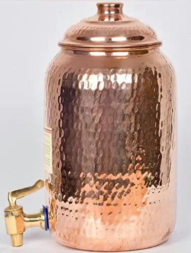 Ayurvedic Pure copper water dispenser container pot with 2 glass rollers - 6.5 liters (brown) - set of 3 pieces