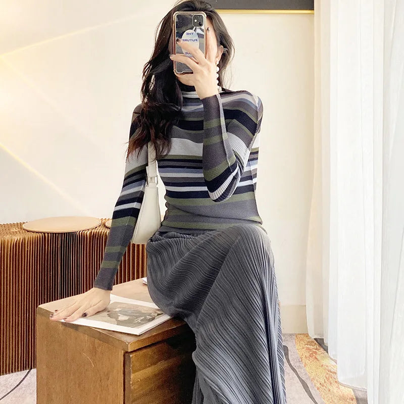 Miyake Pleated Contrasting Colors T-shirt Women Half Turtleneck Skinny Pullover 2025 Summer Fashion Female Clothing