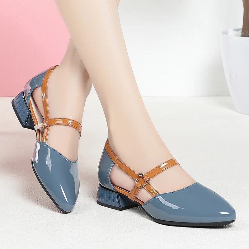 2024 Soft Leather Sandals Women Spring Summer Fashion Pointed Tip Single Shoes Low-Heel Hollow Buckle Ventilate Office Gentle