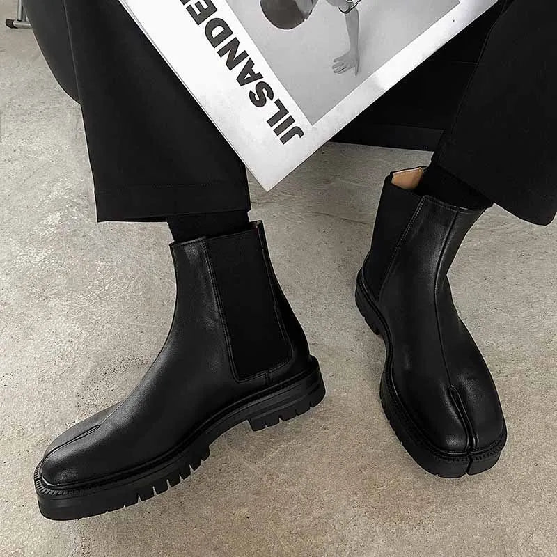Genuine leather Split-toed Boots Mid-tube Chelsea Boots Men's and Women's Couples High-top Set of Split-toed Leather Shoes