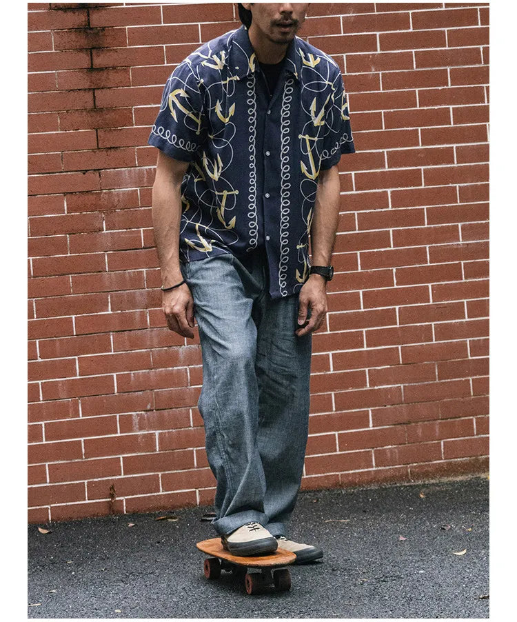 Rugged Bronson Anchor Border Rayon Camp Shirt Old-Fashion Men's Hawaiian Shirt For Beach Vacation