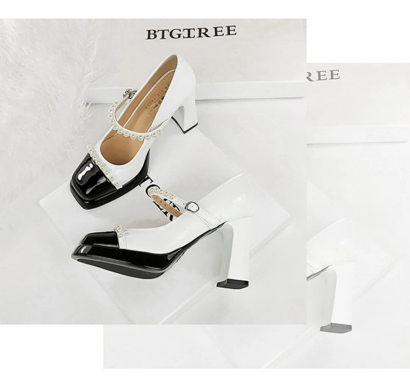 Retro Style Color Block Square Toe Thick Heel High Heels Women's Waterproof Platform Pearl Mary Jane Shoes Casual Fashion