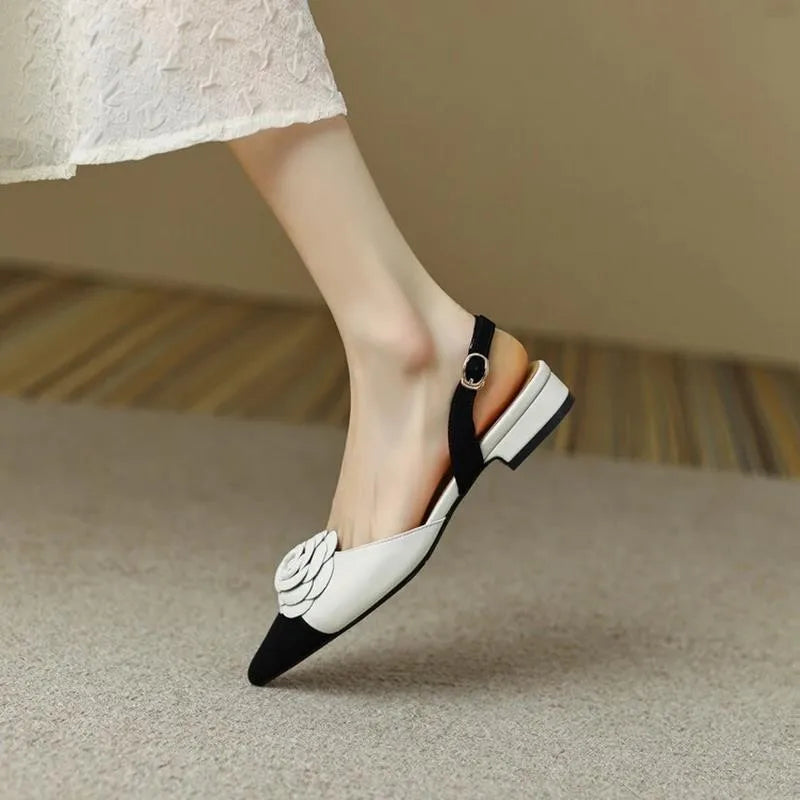 Dilalula Summer Genuine Leather Covered Toe Flower Sandals Ladies Sweet Low Thick Heels Elegant Flower Mixed Color Dress Shoes