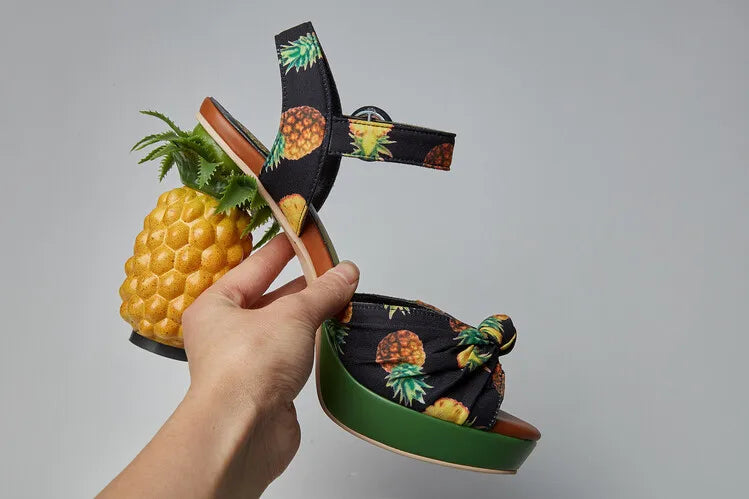 Sweet Lady Pineapple Heels High Heels Women's Thick Bottom Water Platform Printed Fabric Personalized Ultra High Heels Oversize