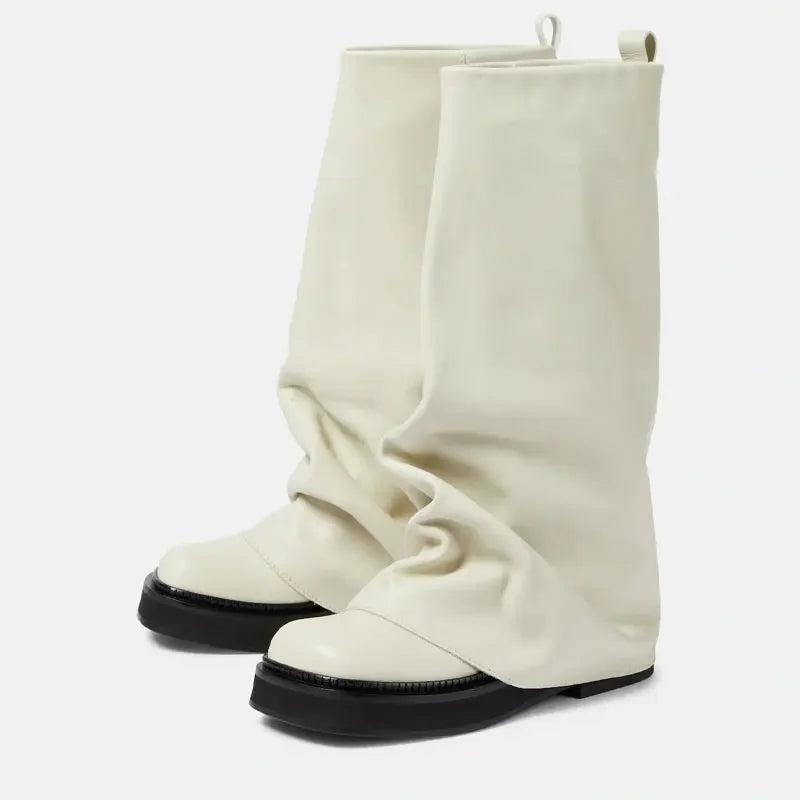 Women's Chunky Leather Flats & Knee Boots - Square Toe Loose Fit Spring-Autumn Casual Shoes with Pleated Pants