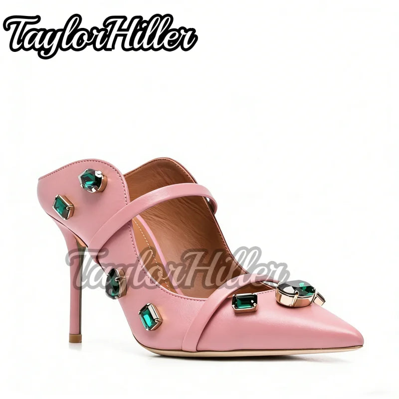 New Double Strappy Mule Sandals Gemstone Stiletto Pointy Toe High Heels Women Pull On Slip On Shoes Spring Summer Outer Slippers