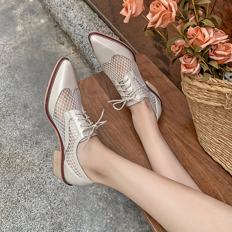 Spring Summer Genuine Leather Mesh Pumps Women Pointed Toe Lace Up Med Thick Heels Breathable Office Ladies Shoes 2025
