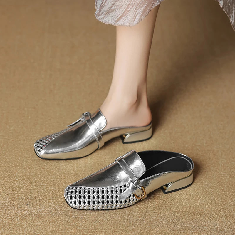 Dilalula 2025 Genuine Leather Hollow Women Mules Covered Toe Low Thick Heels Casual Slippers Ladies Summer Walk Belt Mesh Slides