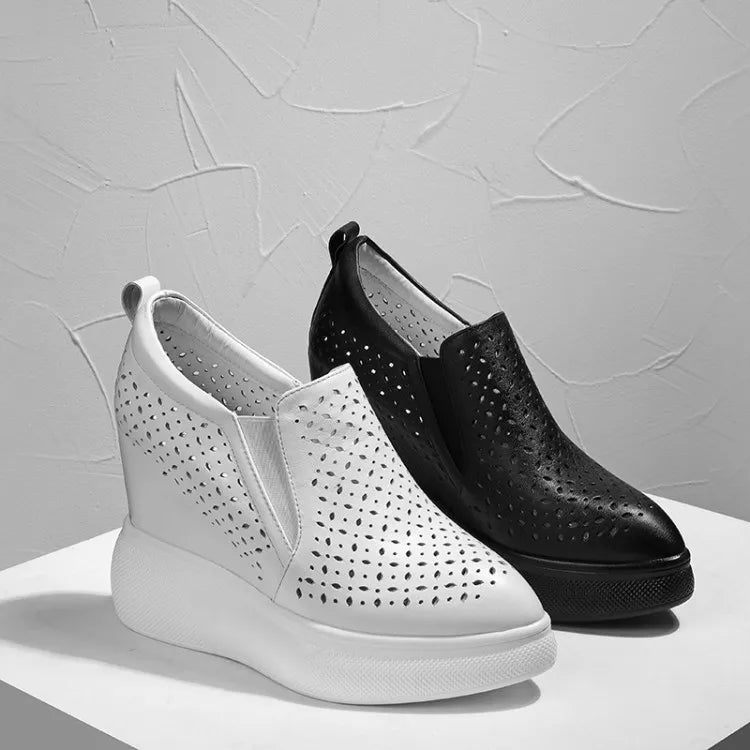 High Heels Hollow Out Shoes Casual Black White Women Sneakers Leisure Platform Shoes Slip-On Breathable Height Increasing Shoes