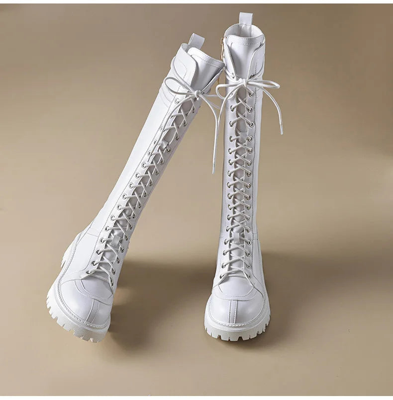 Ods Genuine Leather Women's High Knee Boots Winter Shoes Sexy Lace Up Black White Low Heels Party Shoes Girls Large Size 414243