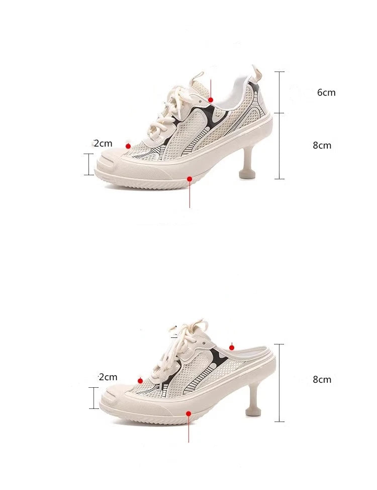 Summer Adult Girls High Heeled Dad Shoes Women Spring Versatile Breathable Lace up Casual Shoes Fashion Sports Mesh High Heels