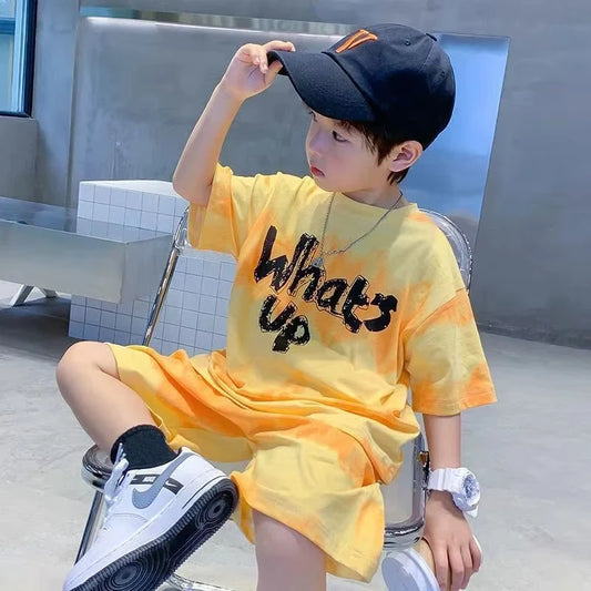 Children's street wear short sleeved T-shirt+shorts two-piece sports suit loose set 2025 new boys' summer quick drying set light