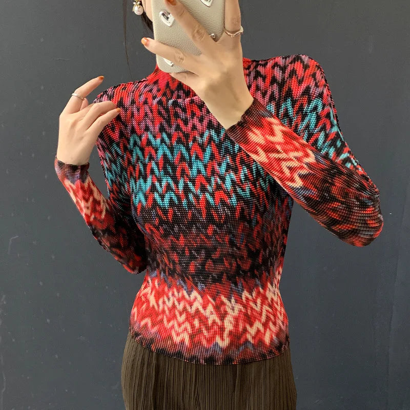 Miyake Pleated 2026 Spring and Summer New Fashion Tops Women's Long-sleeved Half-high Collar Printed T-shirt Bottoming Shirt