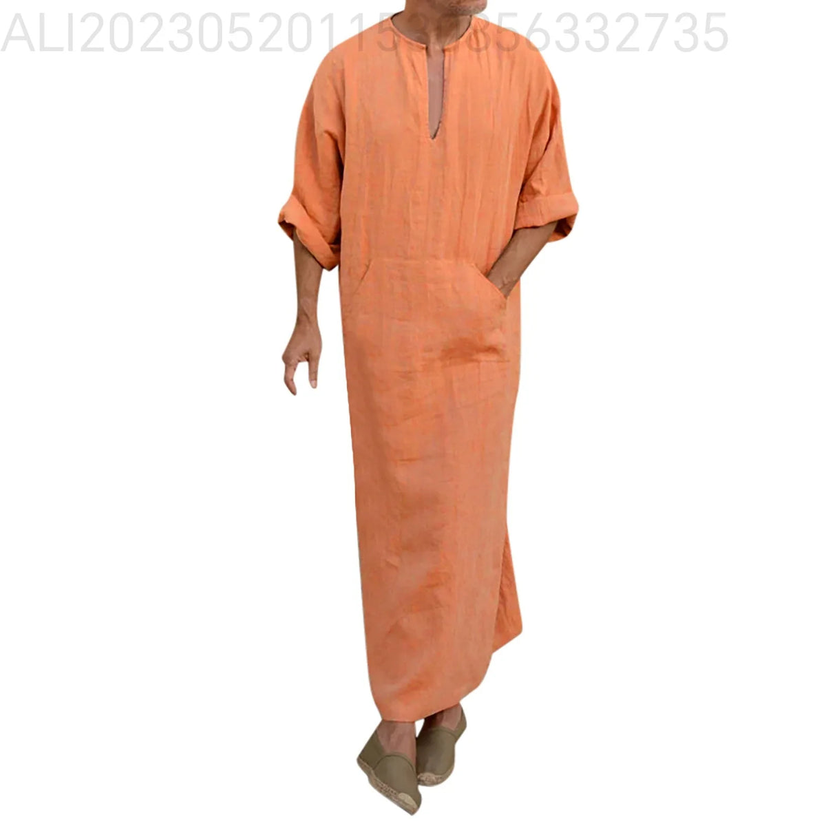 New 2026 Men Cotton Linen Long T-shirts Muslim Solid Casual Abayas Men Jubba Thobe Kaftan Arab Islamic V-neck Long Sleeve Robes