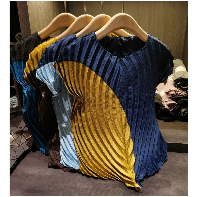 Miyake style Pleated Color Block T-Shirt 2026 Summer New Irregular Top Skirt 2-Piece Set Women Vacation Stretch Wrinkle-Free Clothing