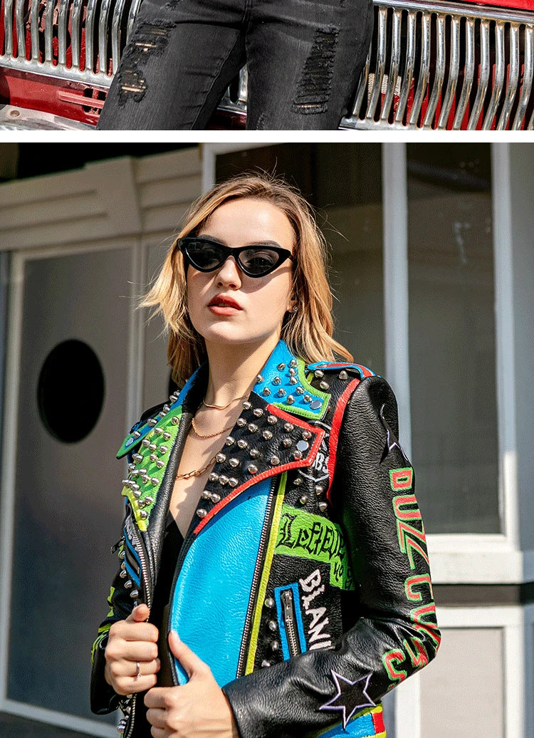 Candy Punk Streetwear Motorcycle Leather Jackets Women 2025 Trend Contrast Color Print Short Punk Studded Faux Leather Biker Jacket