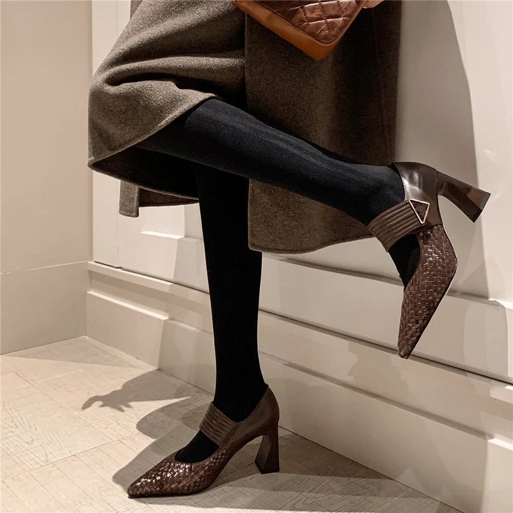 Aucegi Classic Chunky Hight Heels Woman Genuine Leather Woven Cow Suede Pumps Pointed Toe Elegant  Magic Paste Party Shoes