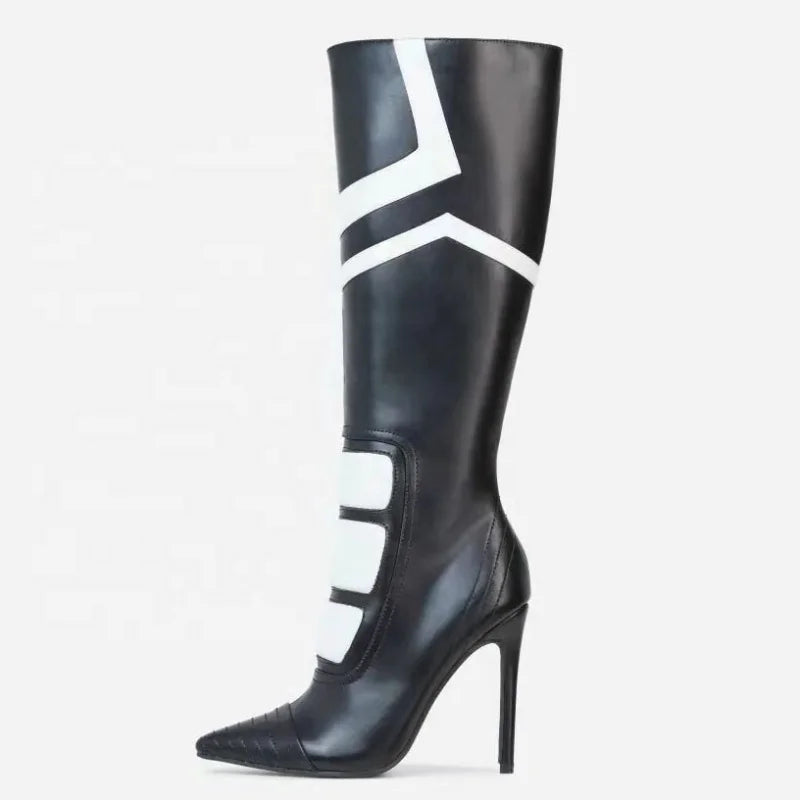 Black White Patchwork Boots Pointy Toe Stiletto High Heels Hollow Out Denim Botas Women Luxury Designer Shoes Sports Style 2026