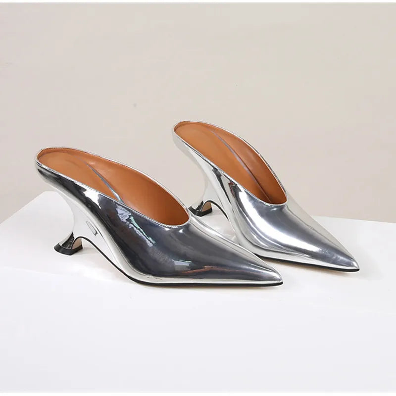2024 New Design Fashion  Platform Wedges High Heels Mule Women Slippers Concise Shallow Pointed Toe Party Dress Ladies Shoes